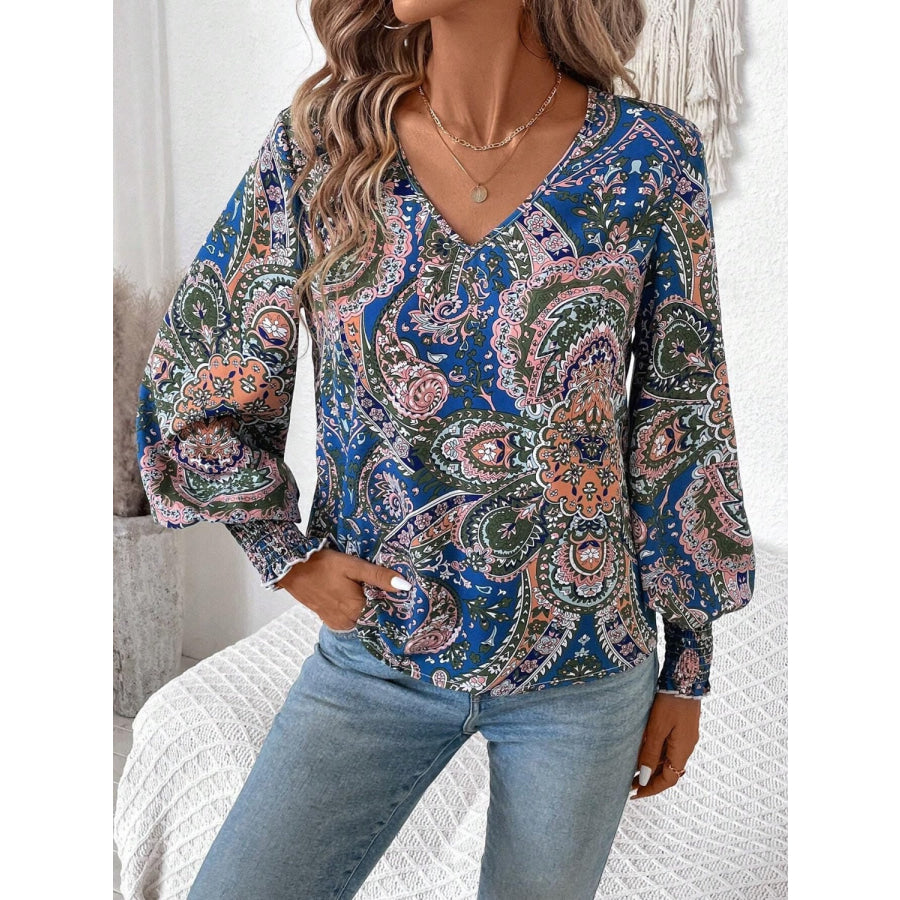 Printed V-Neck Lantern Sleeve Top Light Indigo / S Apparel and Accessories