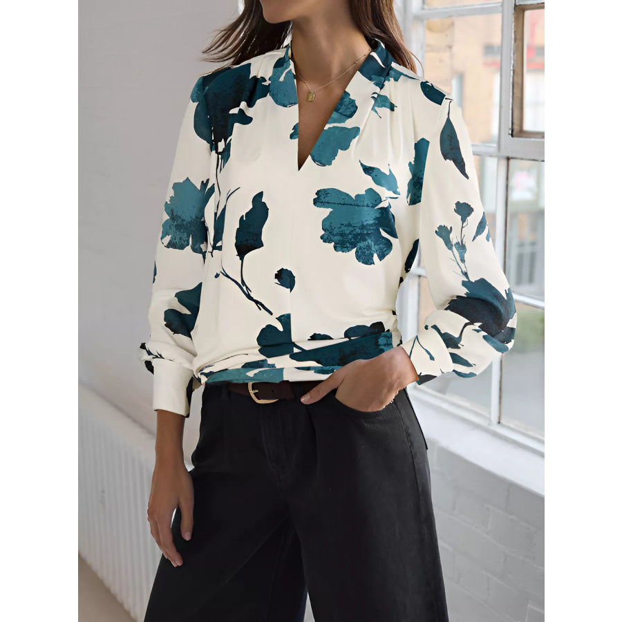 Printed V-Neck Long Sleeve Blouse Apparel and Accessories