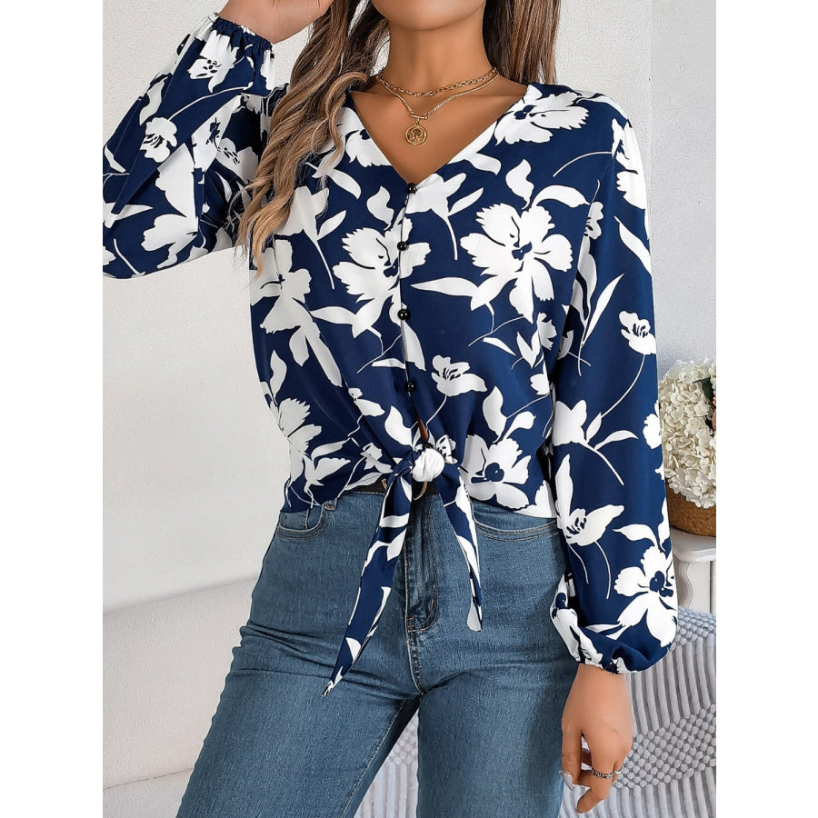 Printed V-Neck Long Sleeve Blouse Apparel and Accessories