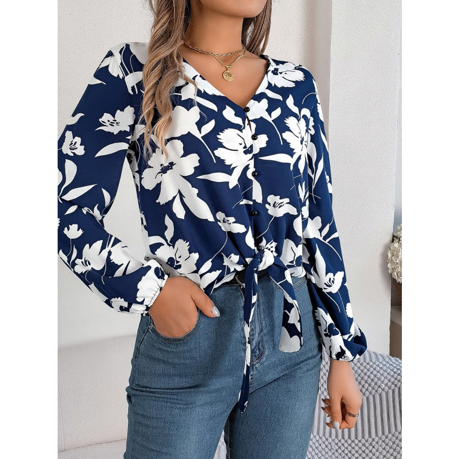 Printed V-Neck Long Sleeve Blouse Apparel and Accessories