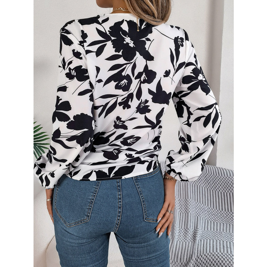 Printed V-Neck Long Sleeve Blouse Apparel and Accessories