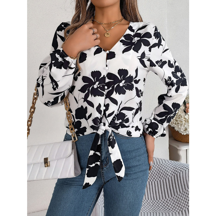 Printed V-Neck Long Sleeve Blouse Apparel and Accessories