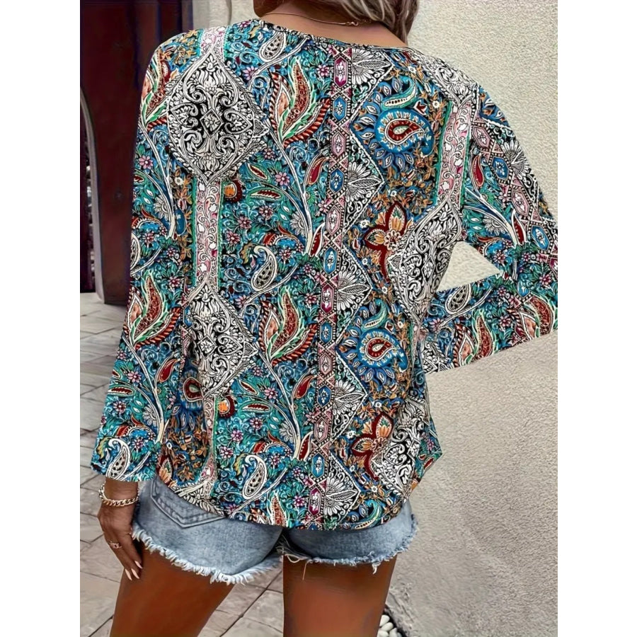 Printed V-Neck Long Sleeve Blouse Apparel and Accessories