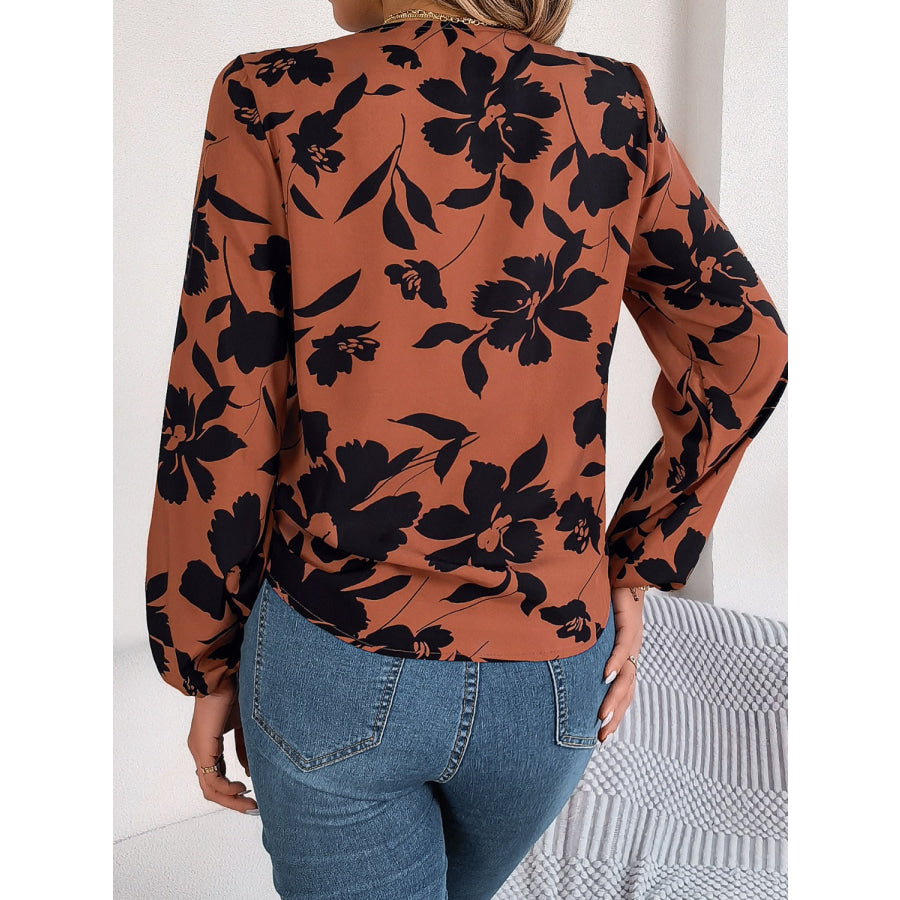 Printed V-Neck Long Sleeve Blouse Apparel and Accessories