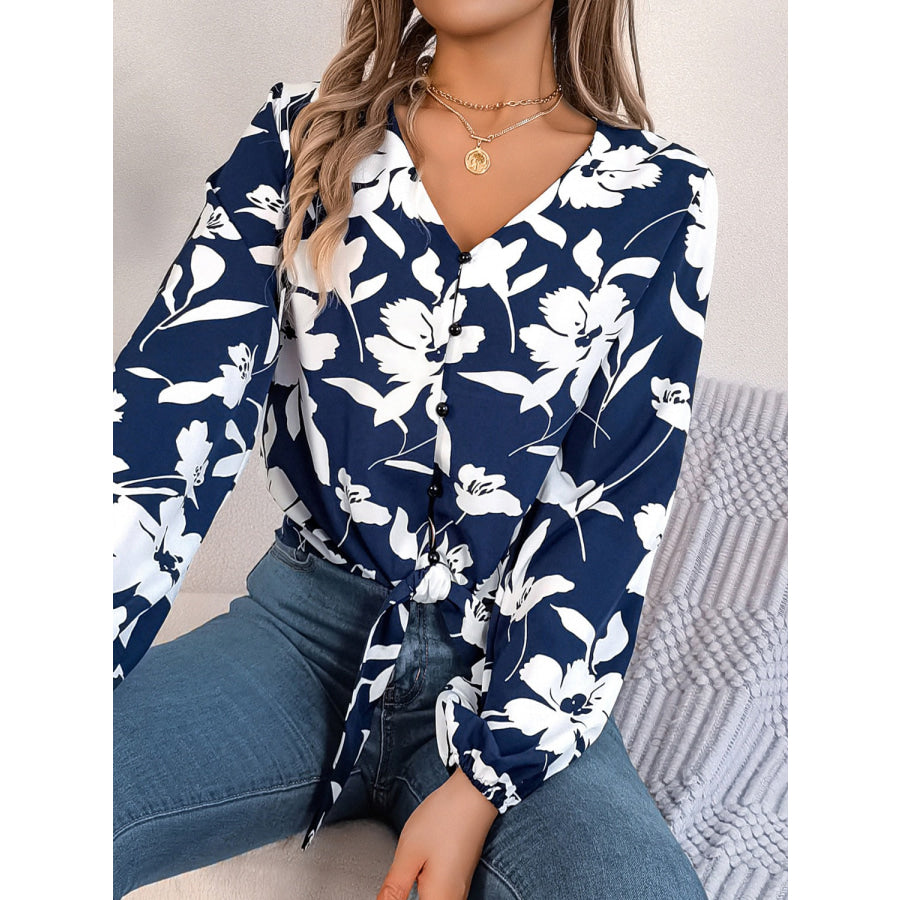 Printed V-Neck Long Sleeve Blouse Apparel and Accessories