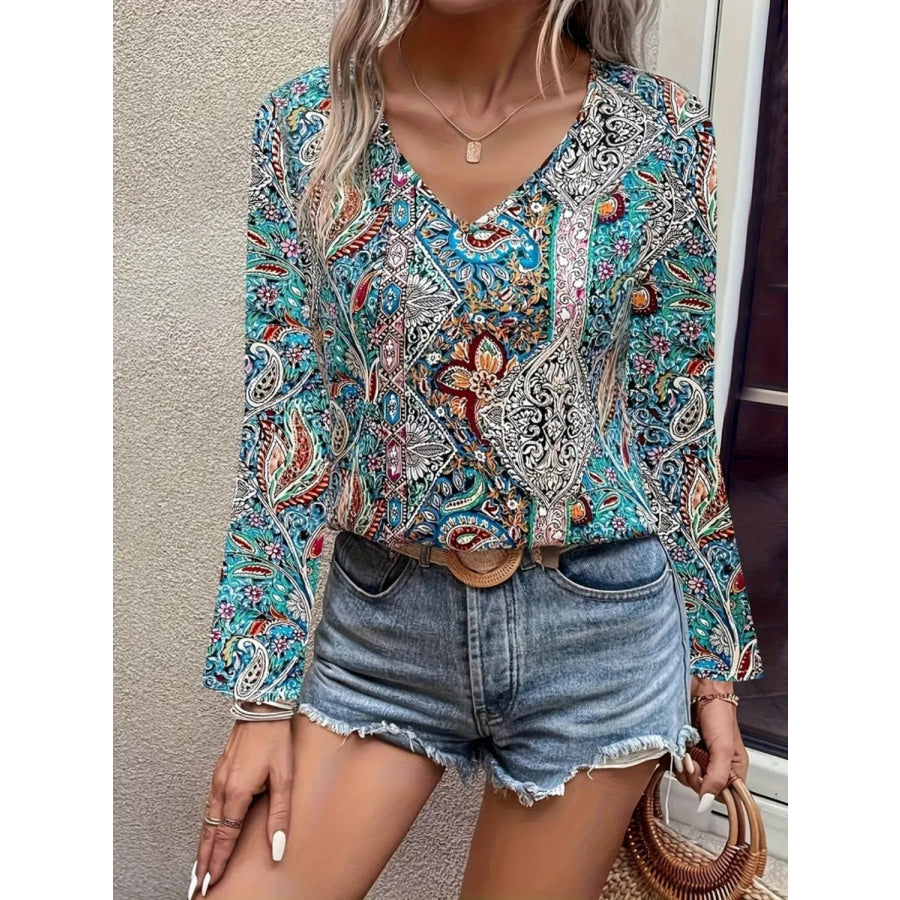 Printed V-Neck Long Sleeve Blouse Apparel and Accessories