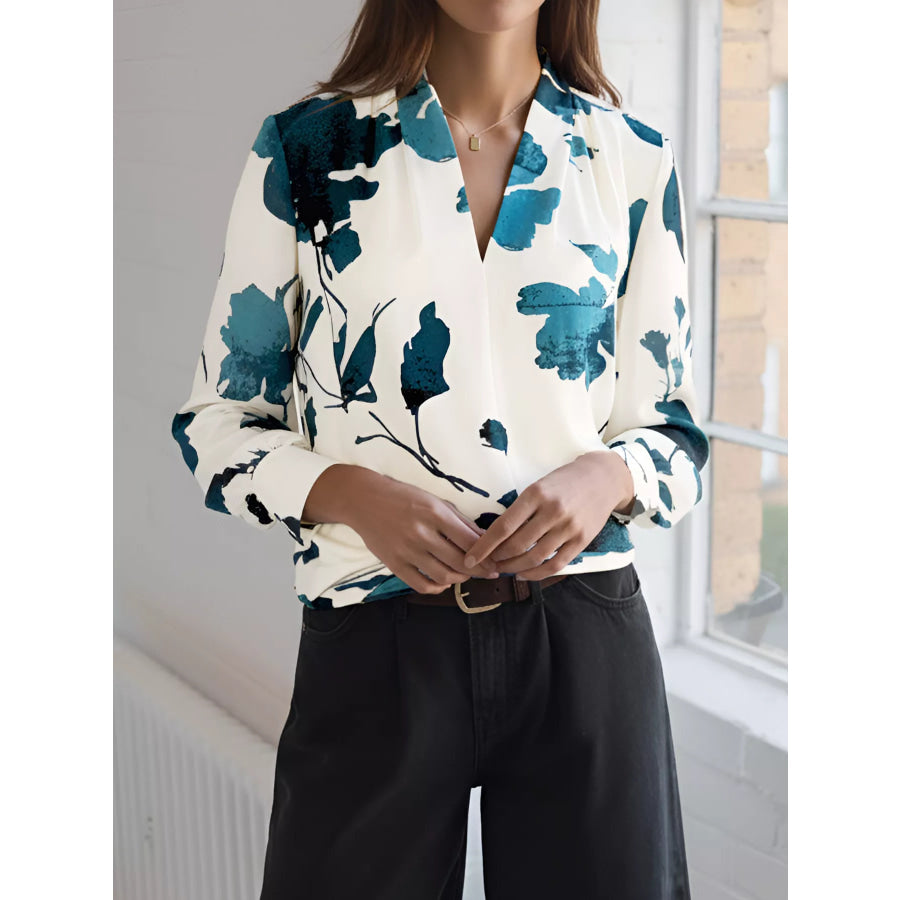 Printed V-Neck Long Sleeve Blouse Apparel and Accessories