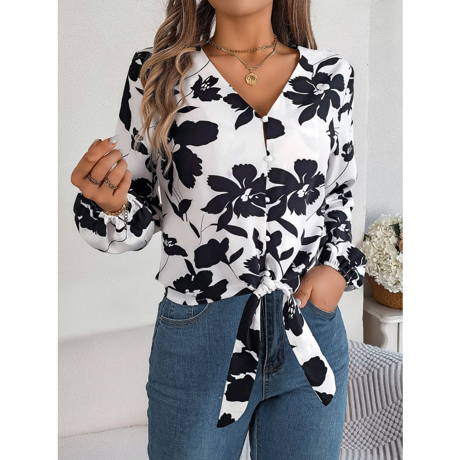 Printed V-Neck Long Sleeve Blouse Apparel and Accessories