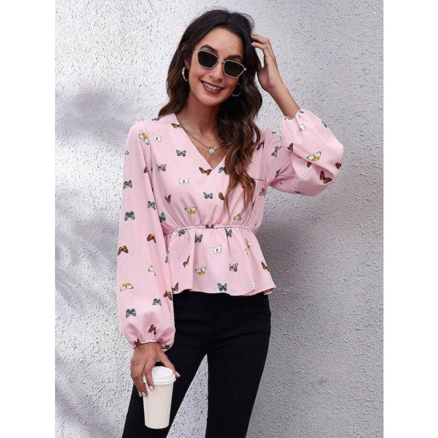 Printed V-Neck Long Sleeve Blouse Apparel and Accessories