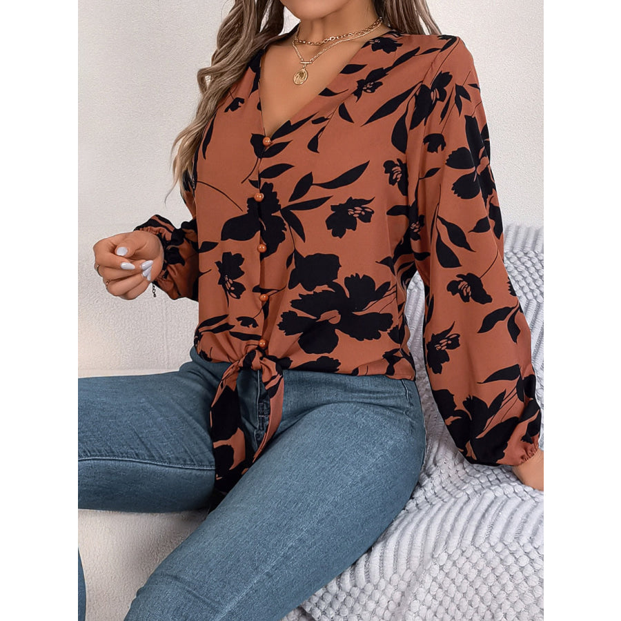 Printed V-Neck Long Sleeve Blouse Apparel and Accessories