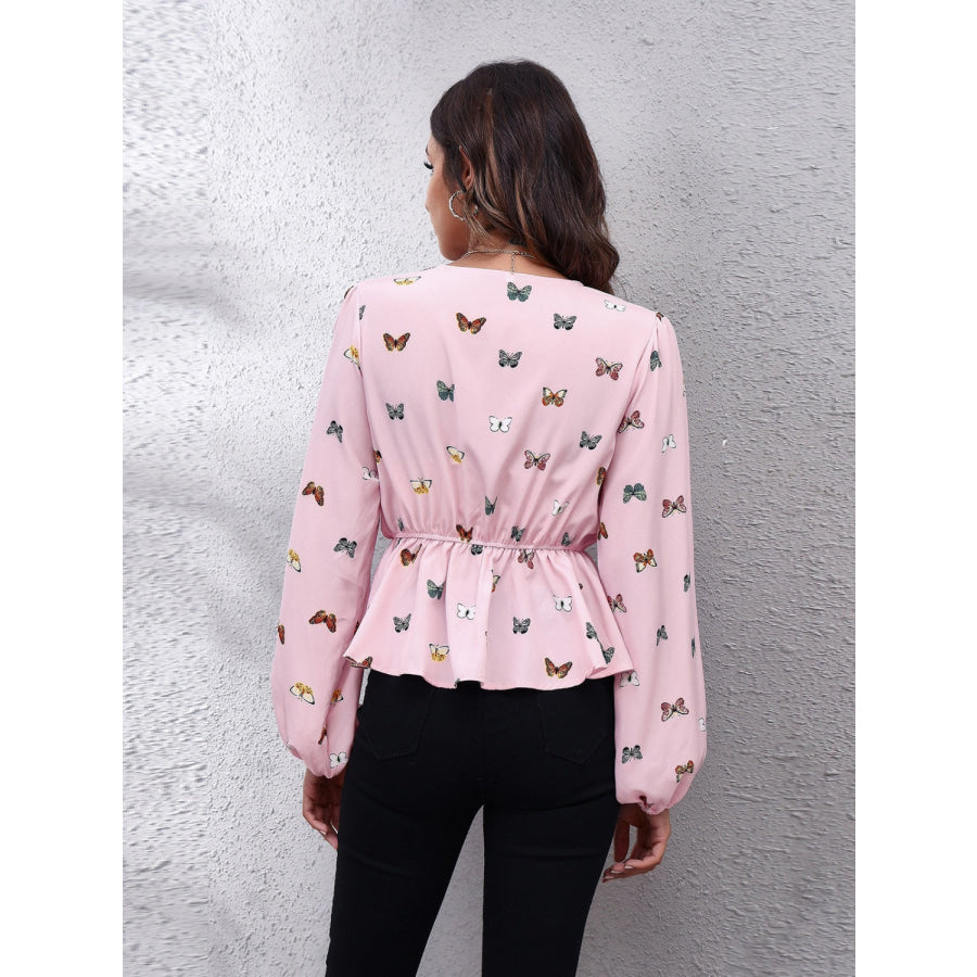 Printed V-Neck Long Sleeve Blouse Dusty Pink / S Apparel and Accessories