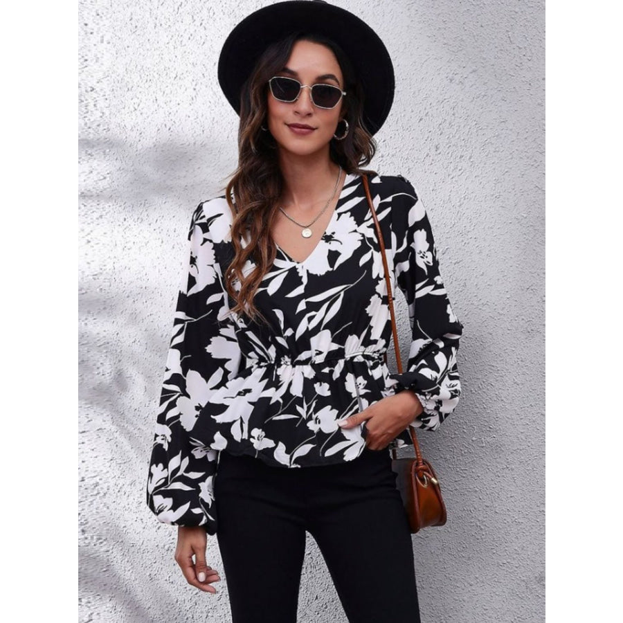 Printed V-Neck Long Sleeve Blouse Apparel and Accessories