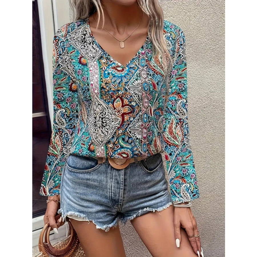 Printed V-Neck Long Sleeve Blouse Apparel and Accessories