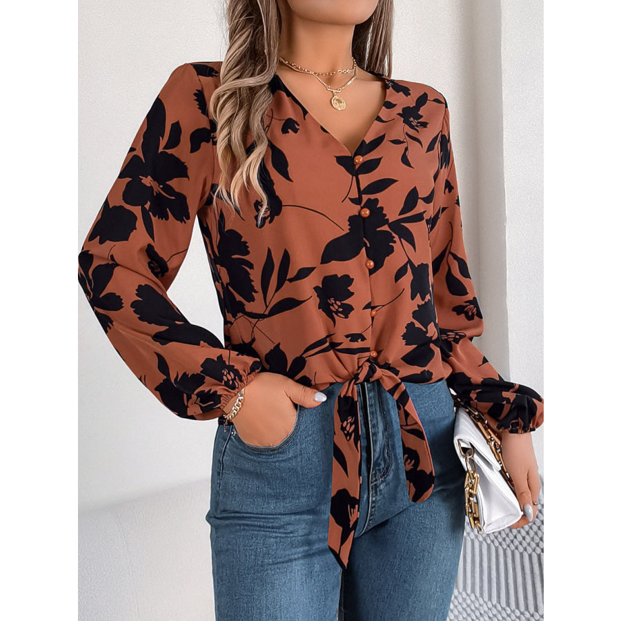 Printed V-Neck Long Sleeve Blouse Apparel and Accessories