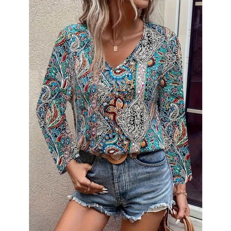 Printed V-Neck Long Sleeve Blouse Apparel and Accessories