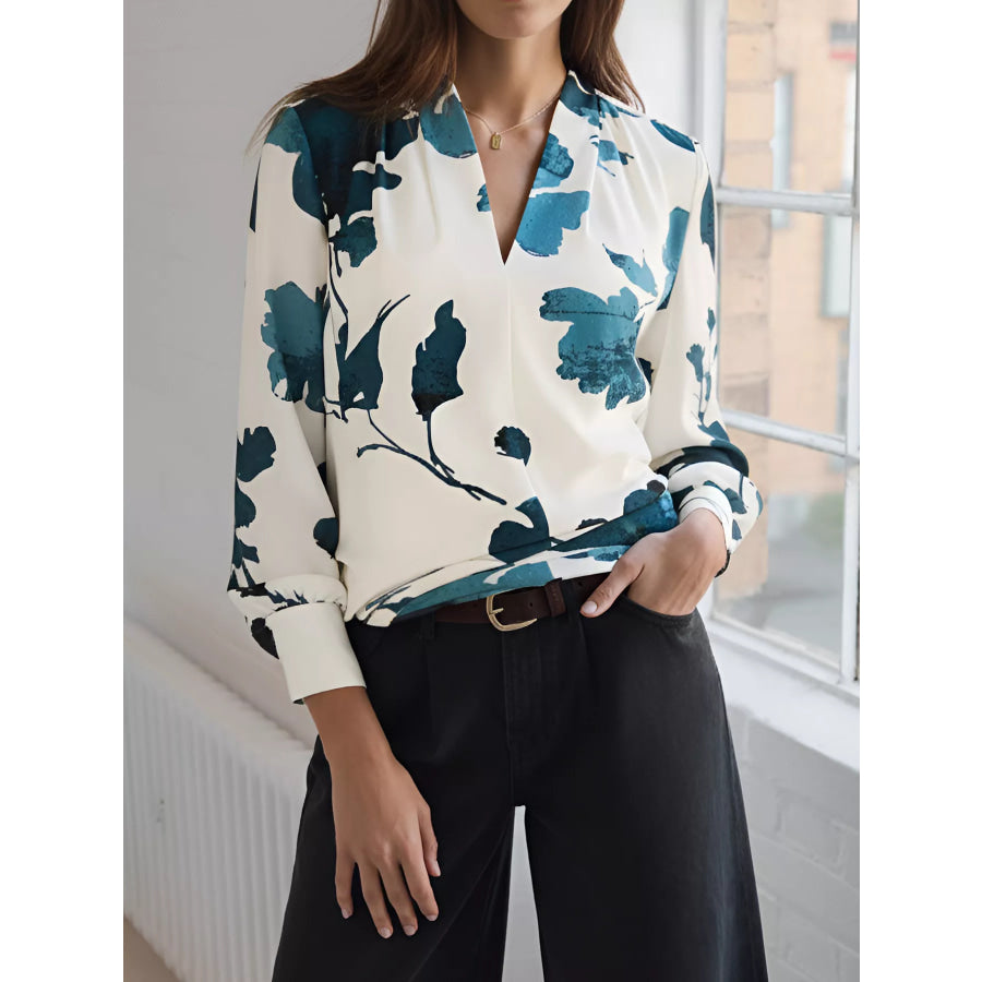 Printed V-Neck Long Sleeve Blouse Apparel and Accessories
