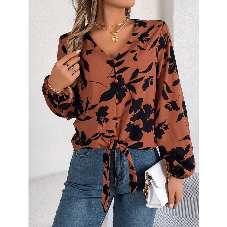 Printed V-Neck Long Sleeve Blouse Apparel and Accessories