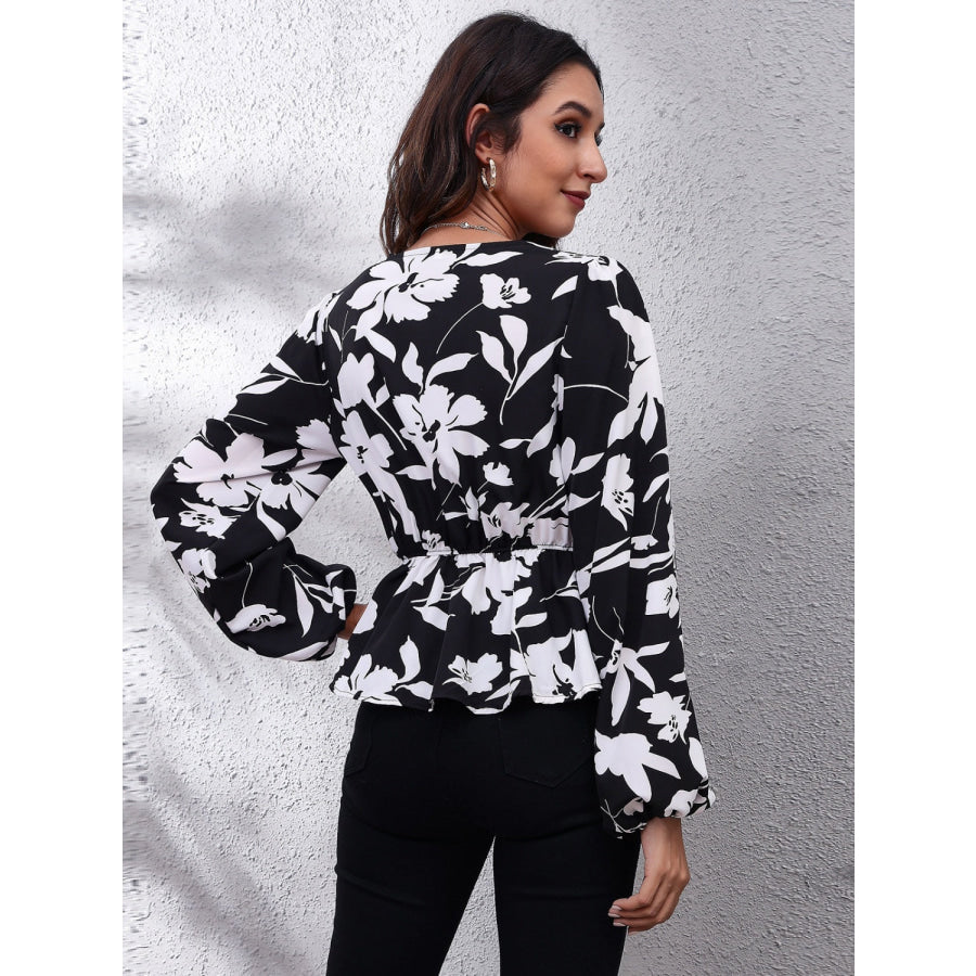 Printed V-Neck Long Sleeve Blouse Apparel and Accessories