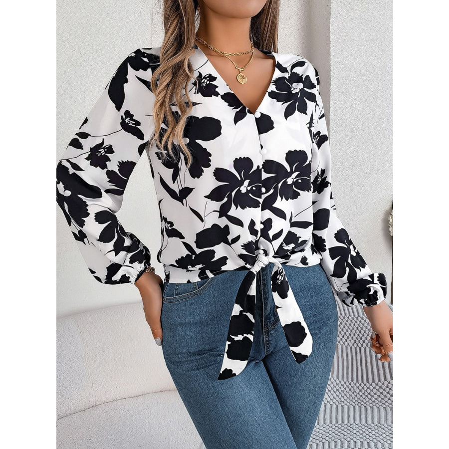 Printed V-Neck Long Sleeve Blouse Apparel and Accessories