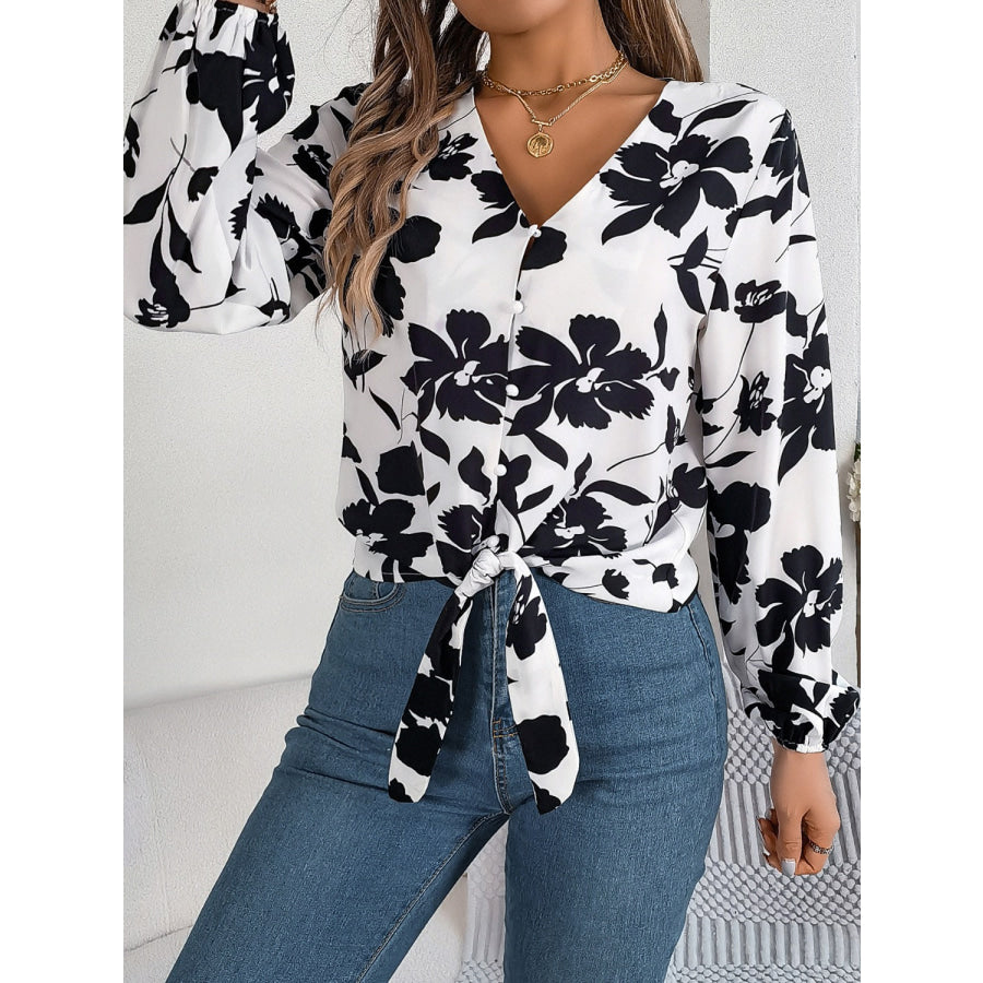 Printed V-Neck Long Sleeve Blouse Apparel and Accessories