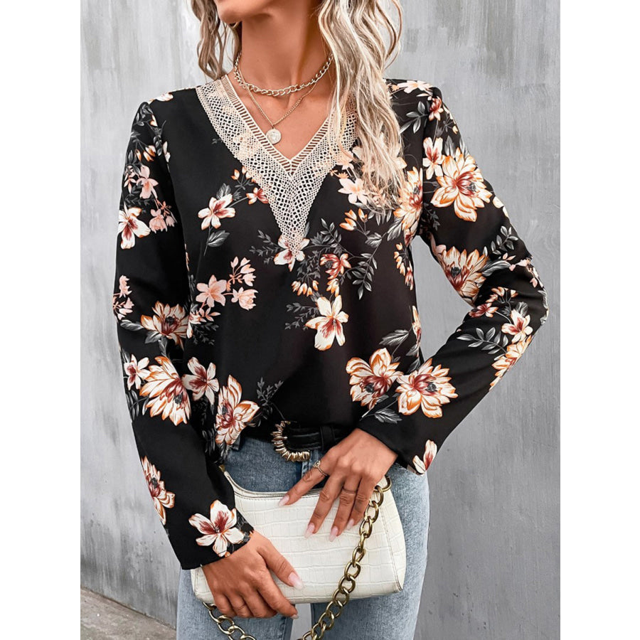 Printed V-Neck Long Sleeve Blouse Black / L Clothing