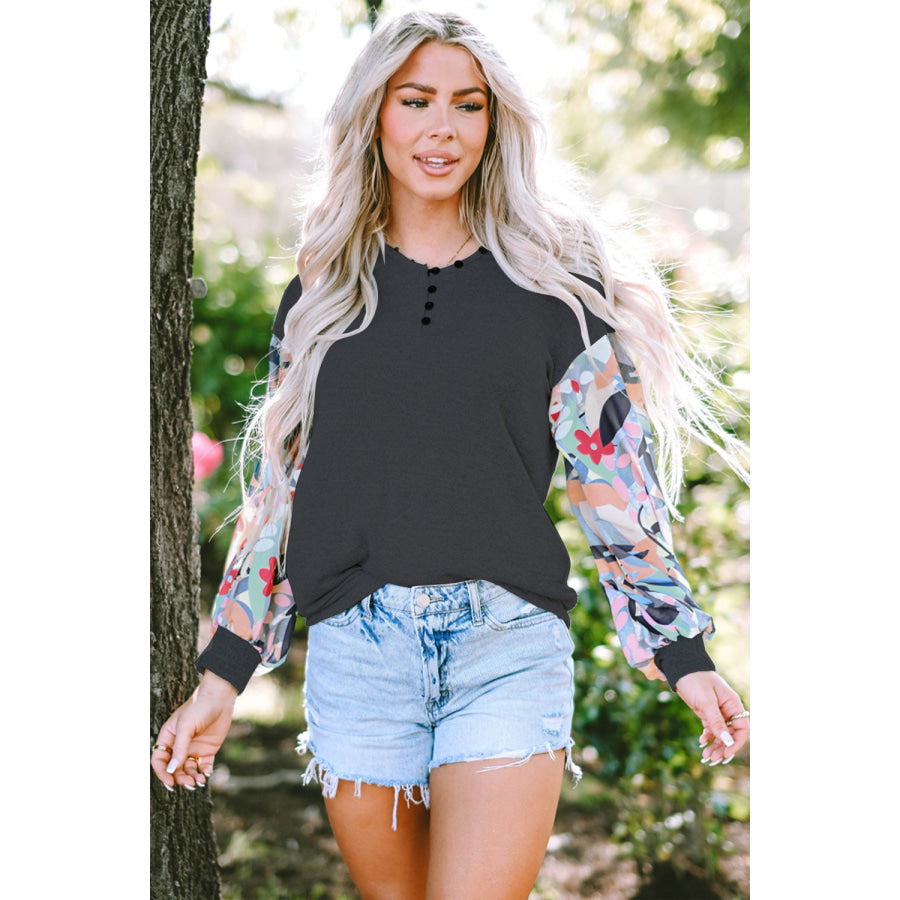 Printed V-Neck Long Sleeve Blouse Black / S Apparel and Accessories