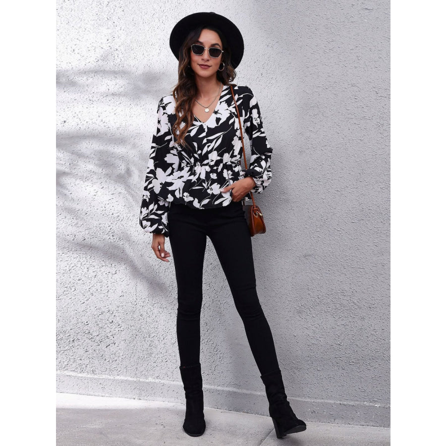 Printed V-Neck Long Sleeve Blouse Black / S Apparel and Accessories