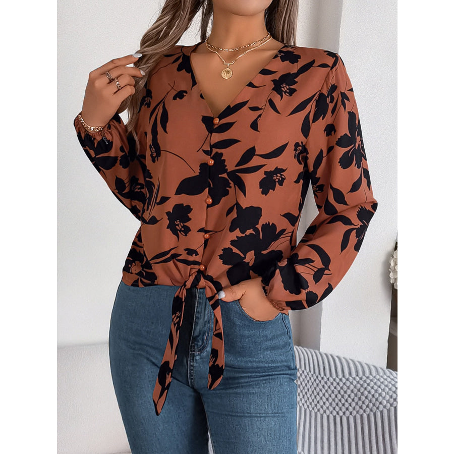 Printed V-Neck Long Sleeve Blouse Brown / S Apparel and Accessories