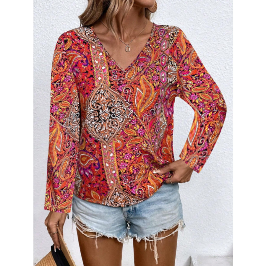 Printed V-Neck Long Sleeve Blouse Burgundy / L Apparel and Accessories