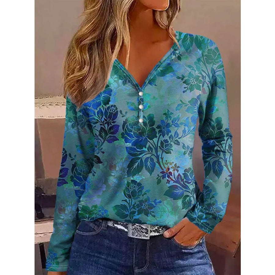 Printed V-Neck Long Sleeve Blouse Cerulean / S Apparel and Accessories