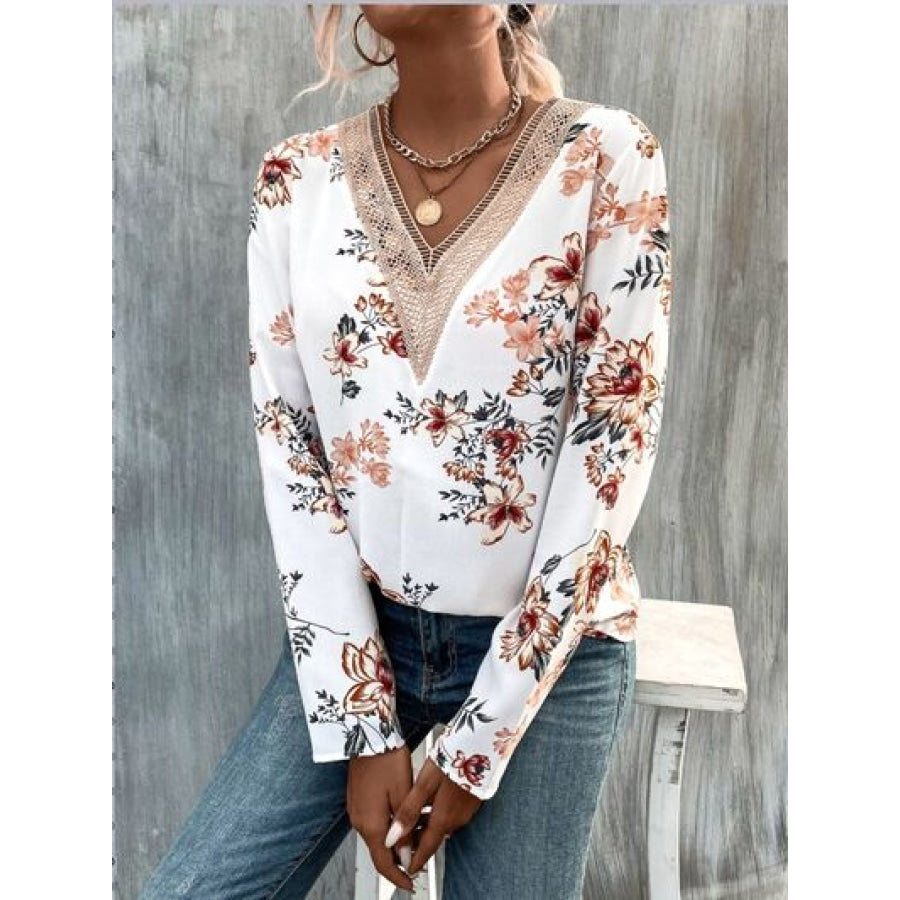 Printed V-Neck Long Sleeve Blouse Clothing