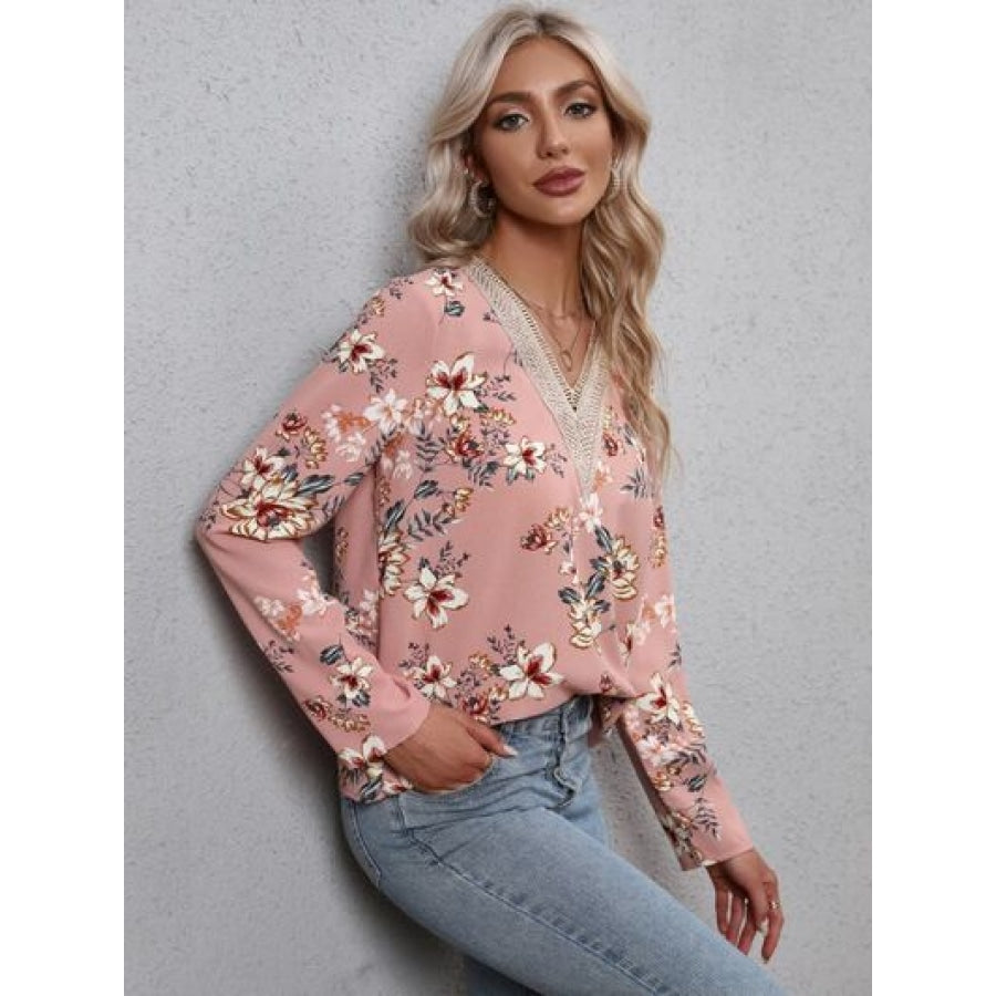 Printed V-Neck Long Sleeve Blouse Clothing