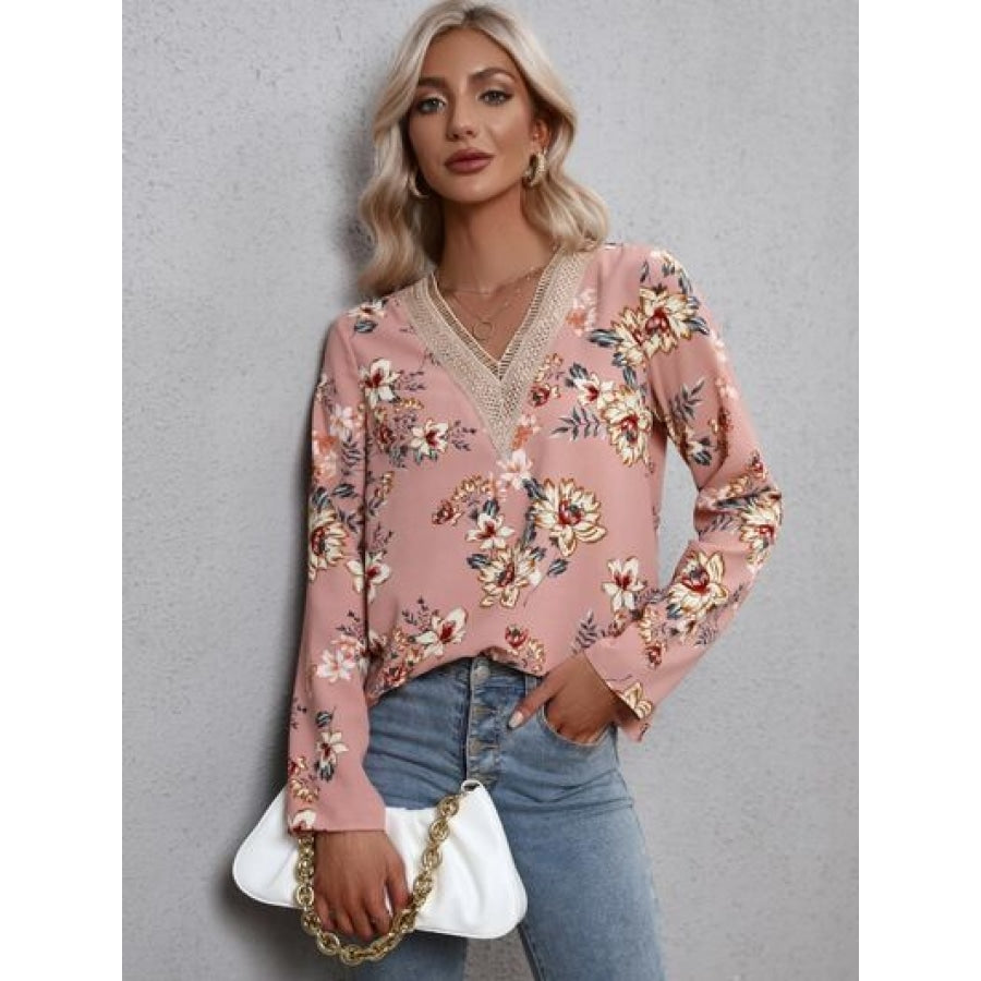 Printed V-Neck Long Sleeve Blouse Clothing