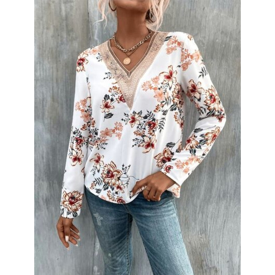 Printed V-Neck Long Sleeve Blouse Clothing