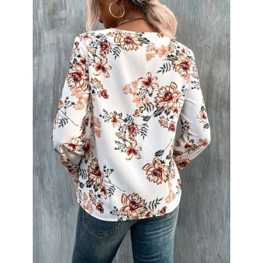 Printed V-Neck Long Sleeve Blouse Clothing