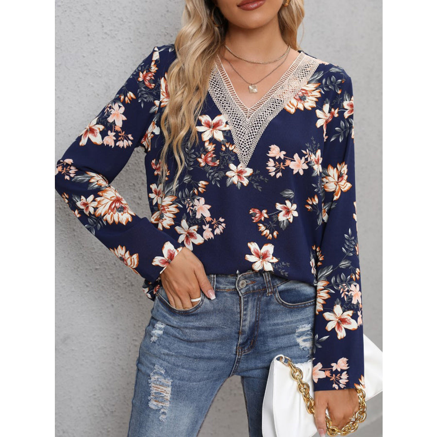 Printed V-Neck Long Sleeve Blouse Dark Blue / L Clothing