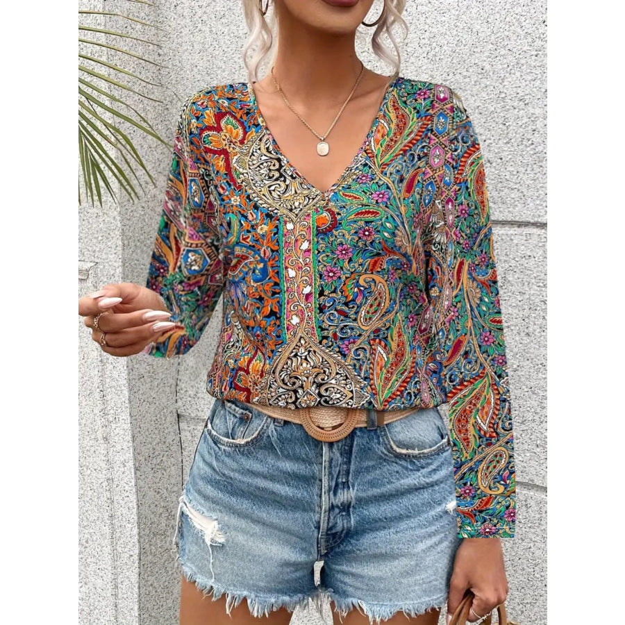 Printed V-Neck Long Sleeve Blouse Dark Green / L Apparel and Accessories