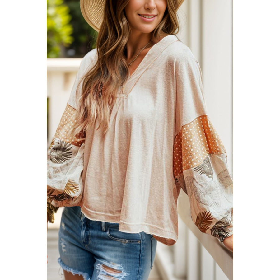 Printed V-Neck Long Sleeve Blouse Dust Storm / S Apparel and Accessories