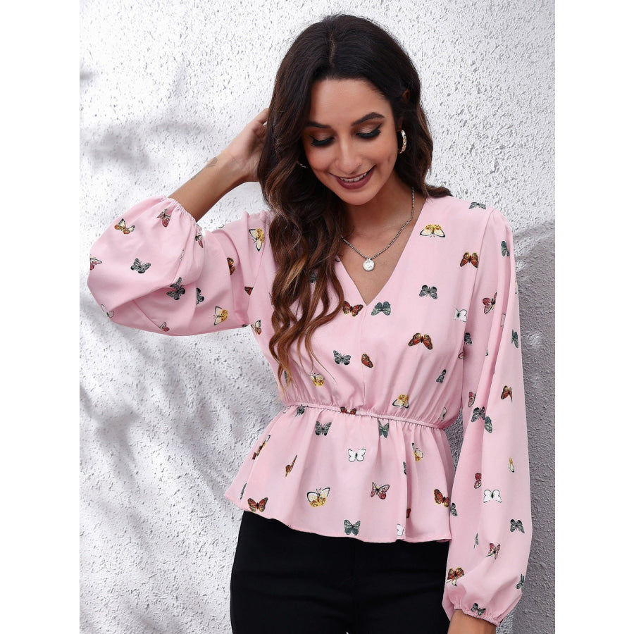 Printed V-Neck Long Sleeve Blouse Dusty Pink / S Apparel and Accessories