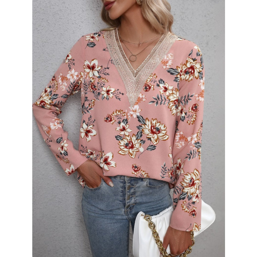 Printed V-Neck Long Sleeve Blouse Dusty Pink / XL Clothing