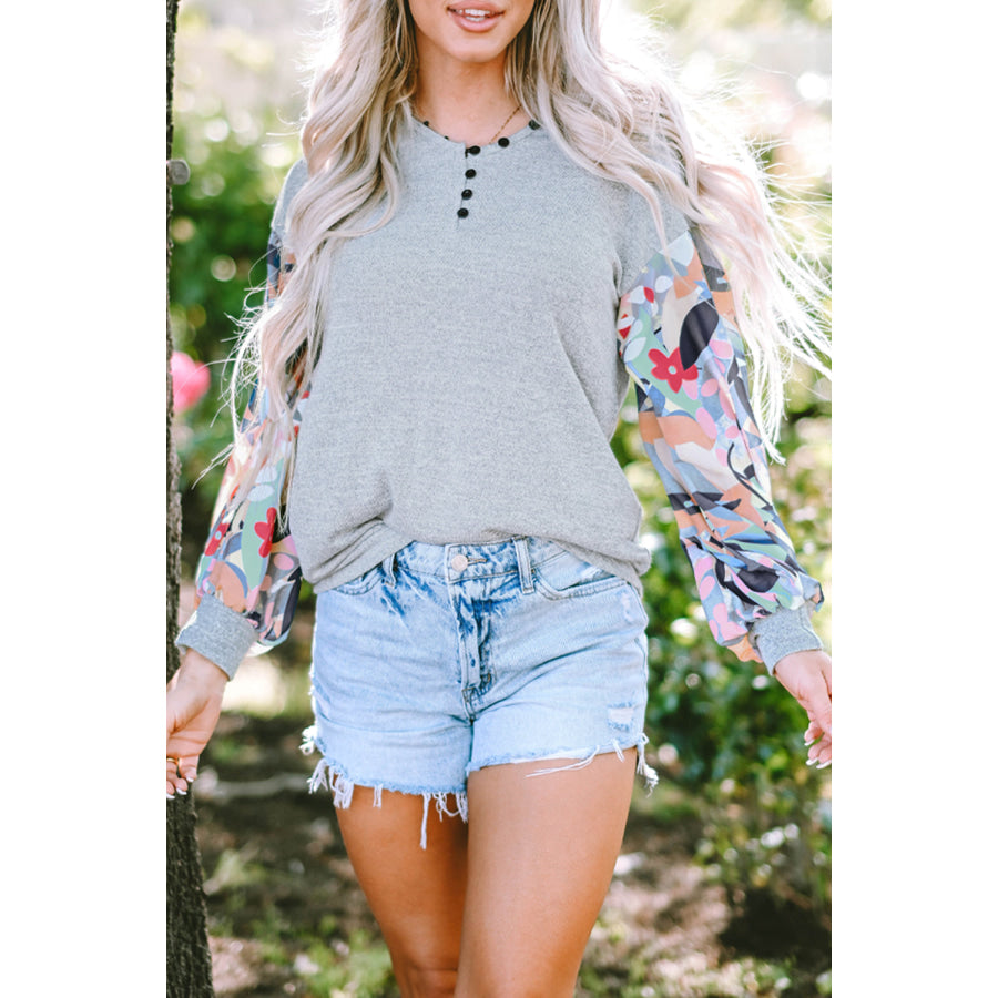 Printed V-Neck Long Sleeve Blouse Gray / XL Apparel and Accessories