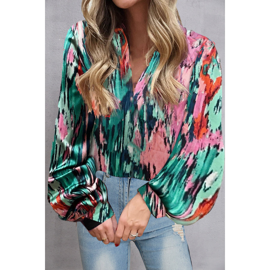 Printed V-Neck Long Sleeve Blouse Multicolor / S Apparel and Accessories