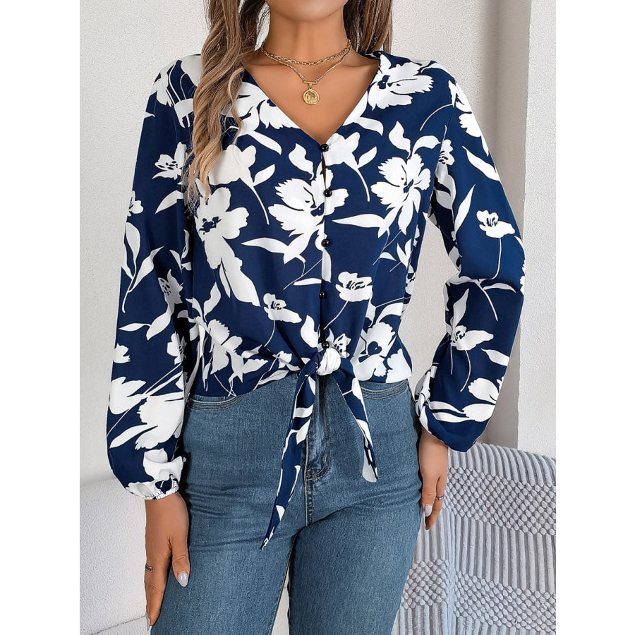 Printed V-Neck Long Sleeve Blouse Navy / S Apparel and Accessories