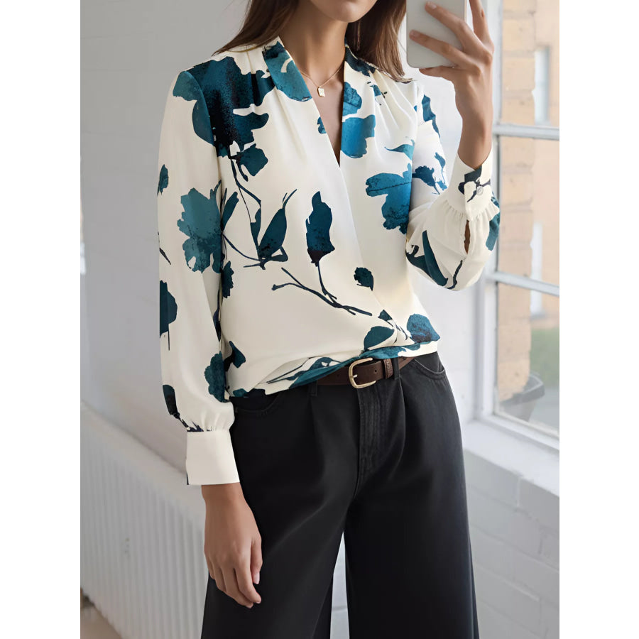 Printed V-Neck Long Sleeve Blouse Off-white / S Apparel and Accessories
