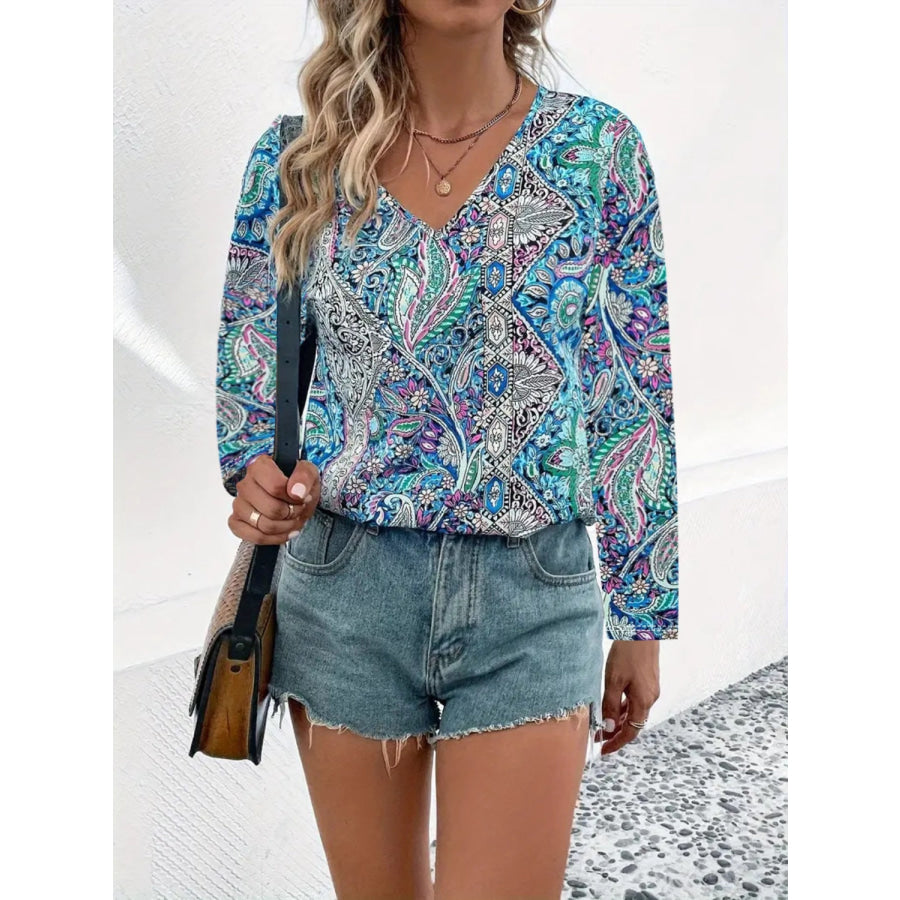 Printed V-Neck Long Sleeve Blouse Pastel Blue / 2XL Apparel and Accessories