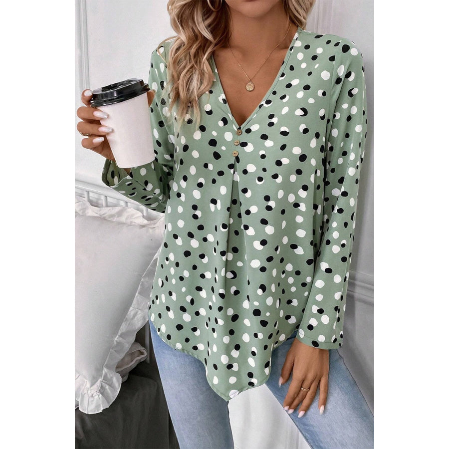 Printed V-Neck Long Sleeve Blouse Sage / S Apparel and Accessories