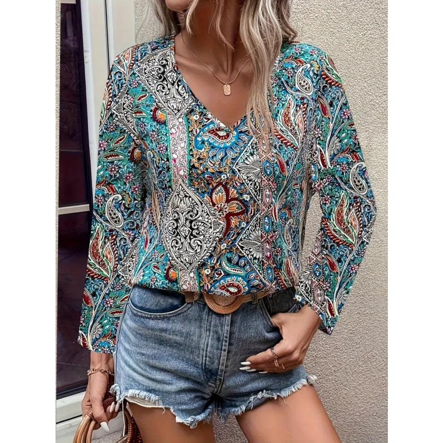 Printed V-Neck Long Sleeve Blouse Teal / S Apparel and Accessories