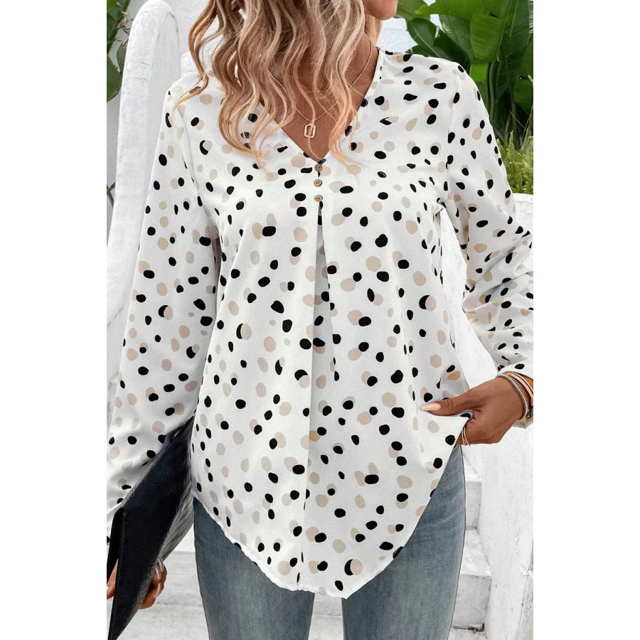 Printed V-Neck Long Sleeve Blouse White / S Apparel and Accessories