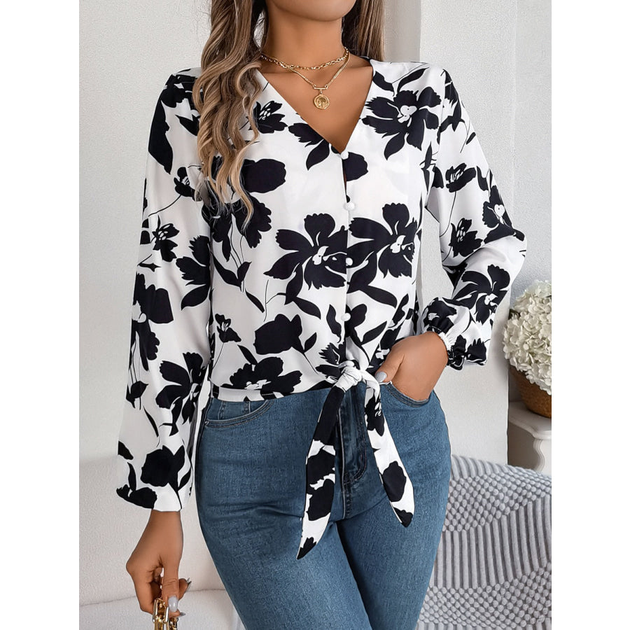 Printed V-Neck Long Sleeve Blouse White / S Apparel and Accessories