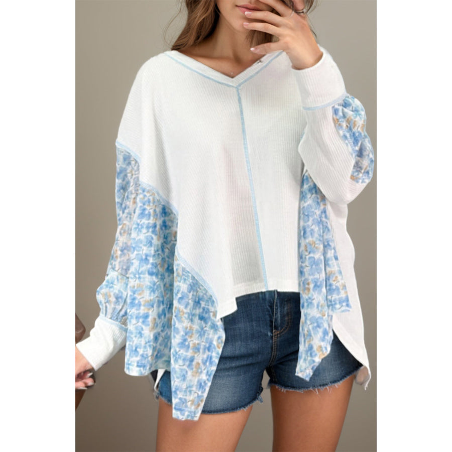 Printed V-Neck Long Sleeve Blouse White / S Apparel and Accessories